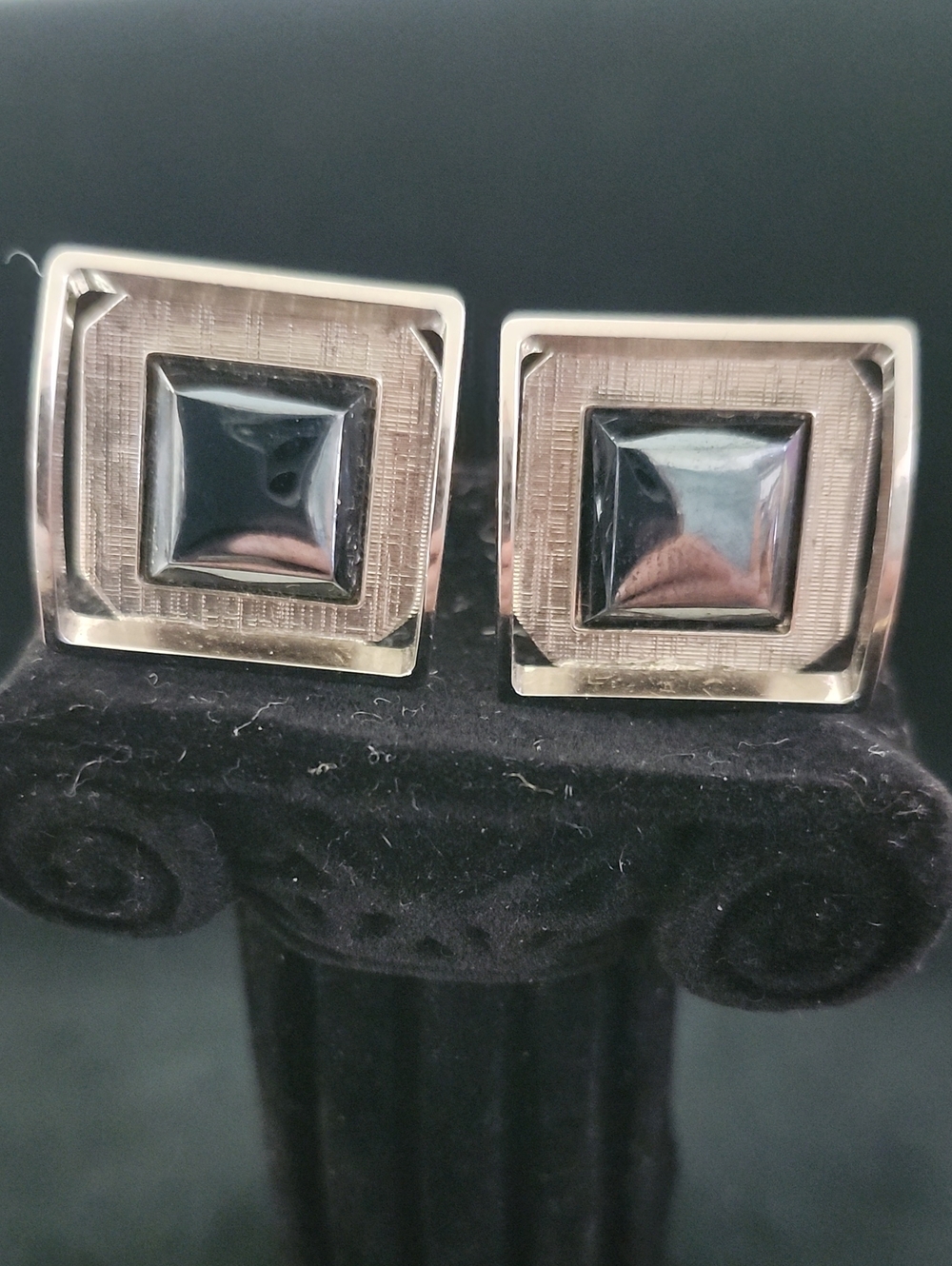 Mid Century Geometric Hematite & Silver Tone 3D Trim Cufflinks